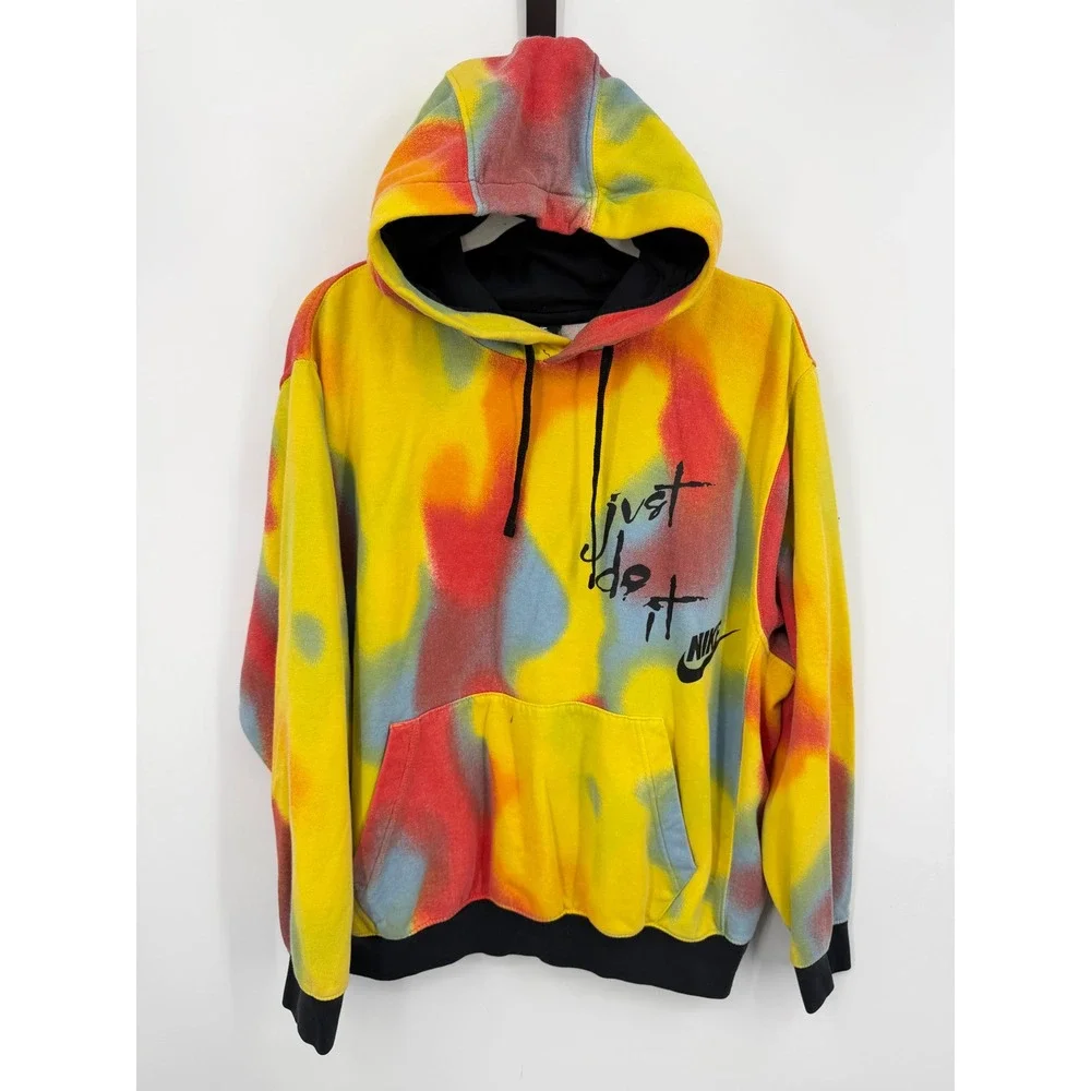 Nike Just Do It Tie Dye Pullover Hoodie Mens Large Yellow Red Blue Graphic